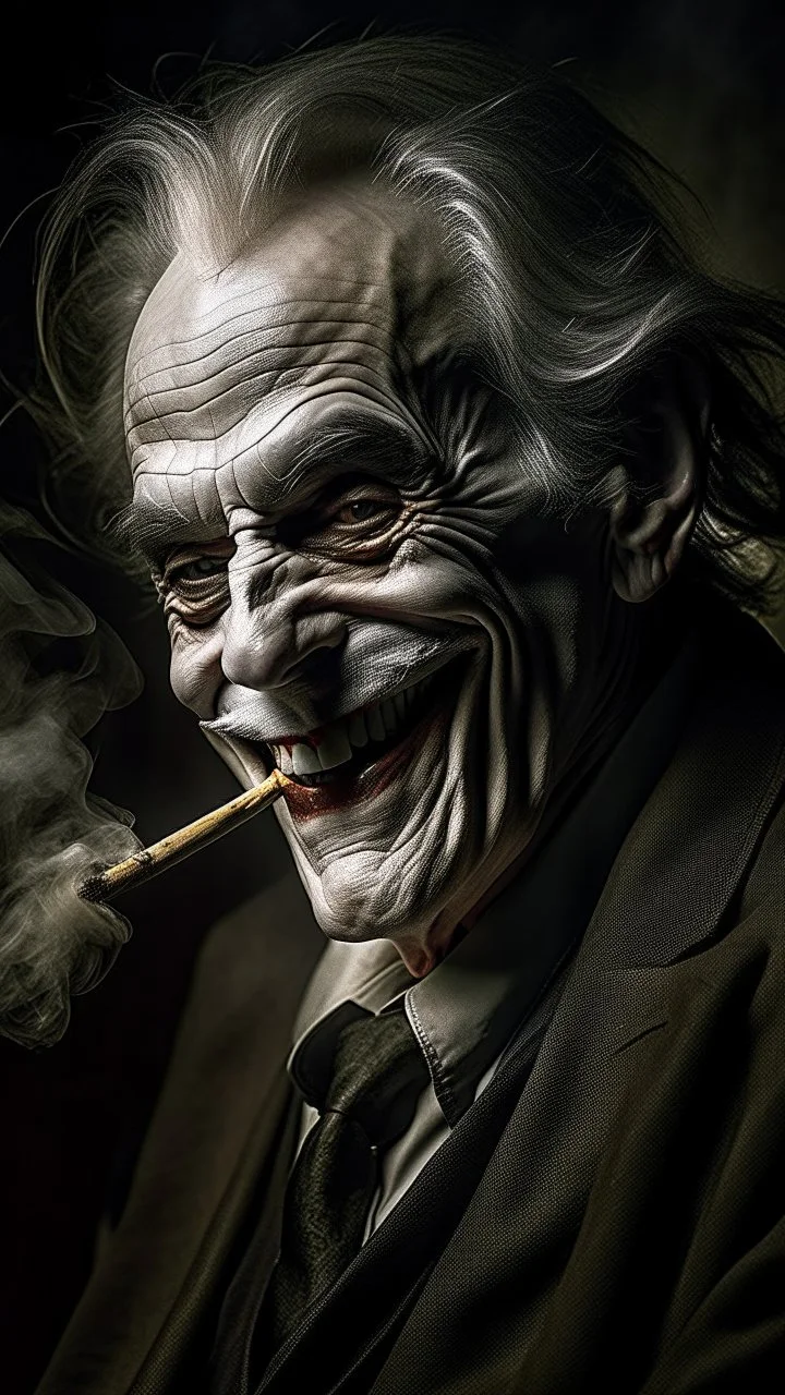 Bosch nightmares paining style Title: a joker face with cigarette in his mouth, smiling 8k,photography, photorealistic concept art, soft natural volumetric cinematic perfect light, chiaroscuro, award-winning photograph, masterpiece, oil on canvas, Raphael, Caravaggio, Greg Rutkowski, people, beksinski, Giger