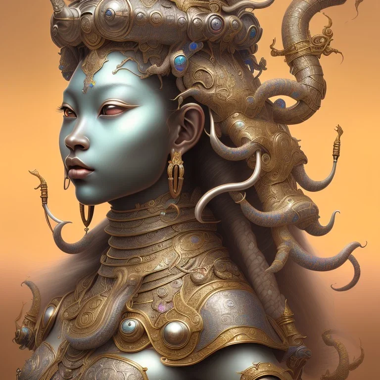 Sango fantasy, fantasy magic, intricate, sharp focus, illustration, highly detailed, digital painting, concept art, matte, art germ and Paul Lewin and Kehinde Wiley, masterpiece silver elephant head bronze Buddha Asian African girl nice breast Hawaiian hair turquoise golden waves