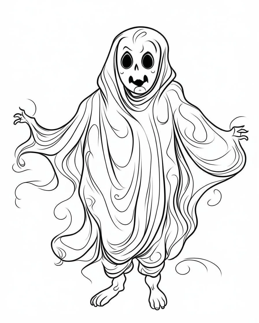 outline art for halloween coloring pages for kids with ghost , white background, Sketch style, full body, only use outline, clean line art, white background, no shadows and clear and well outlined, coloring page for kids,