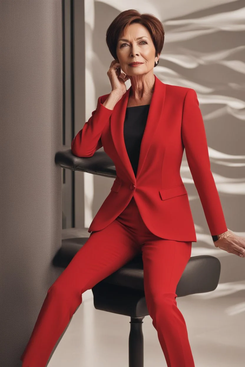 A powerful woman in a red suit, short hair in her 50s
