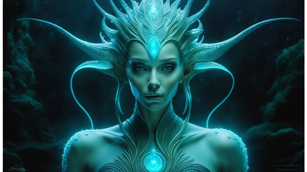 The photo features a bioluminescent and bioluminescent art style depicting a divine female alien god. Bioluminescent moist translucent glowing skin, ethereal glowing eyes, extra long neck, medium front third eye, large head fins and ear fins show off a charming, perfect face in ultra-realistic detail. The composition imitates a cinematic film with dazzling, gold and silver lighting effects. Intricate details, sharp focus, crystal clear skin create high detail.