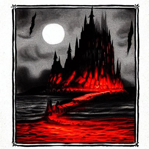 dnd, fantasy, black castle, black sand, illustration, demonic, brutalist, blood-red sky