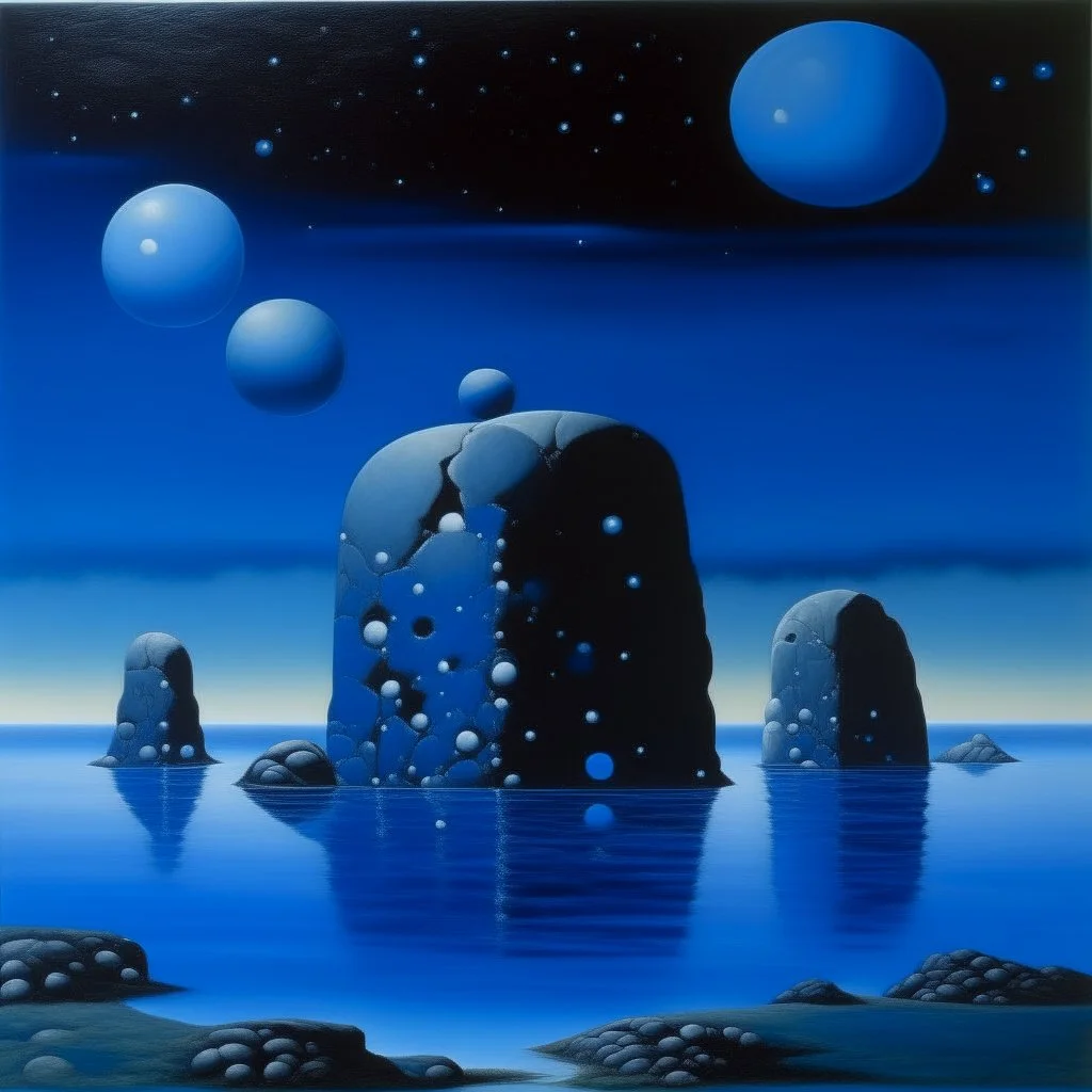 An indigo galaxy with asteroids designed in ancient Greek pottery painted by René Magritte