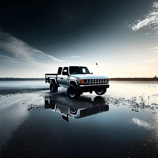 photorealistic shot, Toy R C truck, monotone color palette, sharp focus, puddle reflection, refraction, mist on the horizon, shadowcast, detailed and intricate, intense cinematic composition