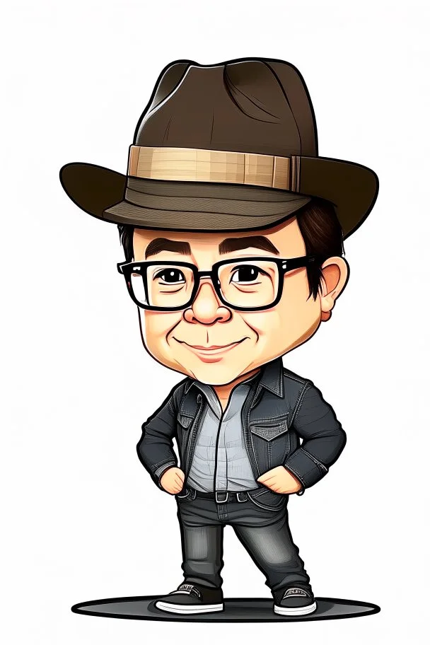 Drawing of Gustavo Petro serious with hat, jeans and shirt no lentes speaking in a speech full body chibi