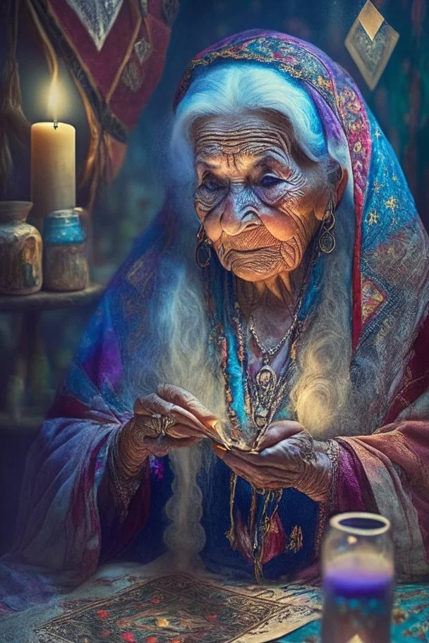A 76 year old gypsy woman doing a tarot reading