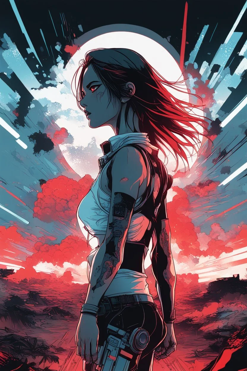 Dark outline line art anime style double exposure of a silhouette of a cyberpunk-inspired woman standing in front of a landscape shot of an active war zone with distant explosions, light black and red long hair, light blue eyes, short red and white tank top, hands on hips, (looking intently at viewer), (viewer from low ground level view with focus on eyes), (double exposure), (inspired by Cyberpunk mixed with Code Geass mixed with Fate: Grand Order), (giant red moon in background), (vibrant colo