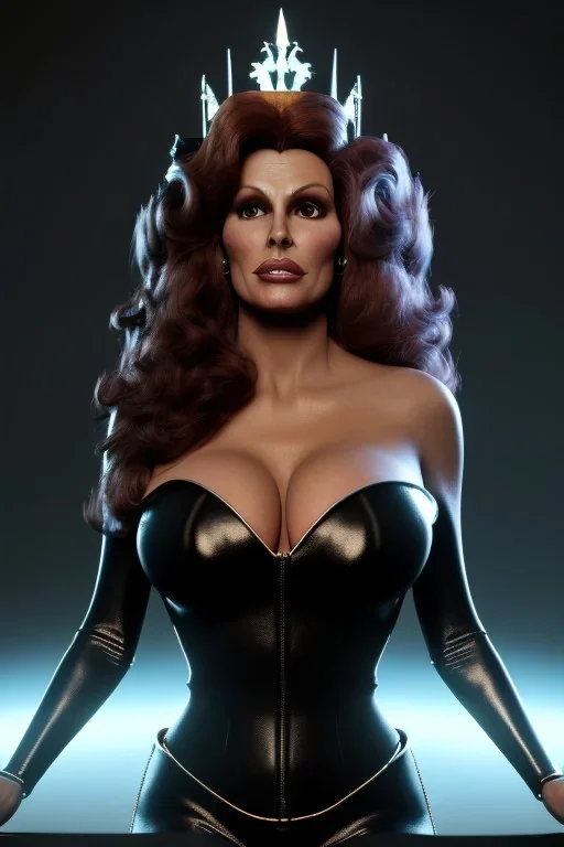 Raquel Welch as evil queen in black leather gown, angry, busty, curvey, cleavage, unreal 5, octane render, cinema4d, dynamic lighting, dramatic lighting, 4k, redshift render, highly detailed, hyper realistic