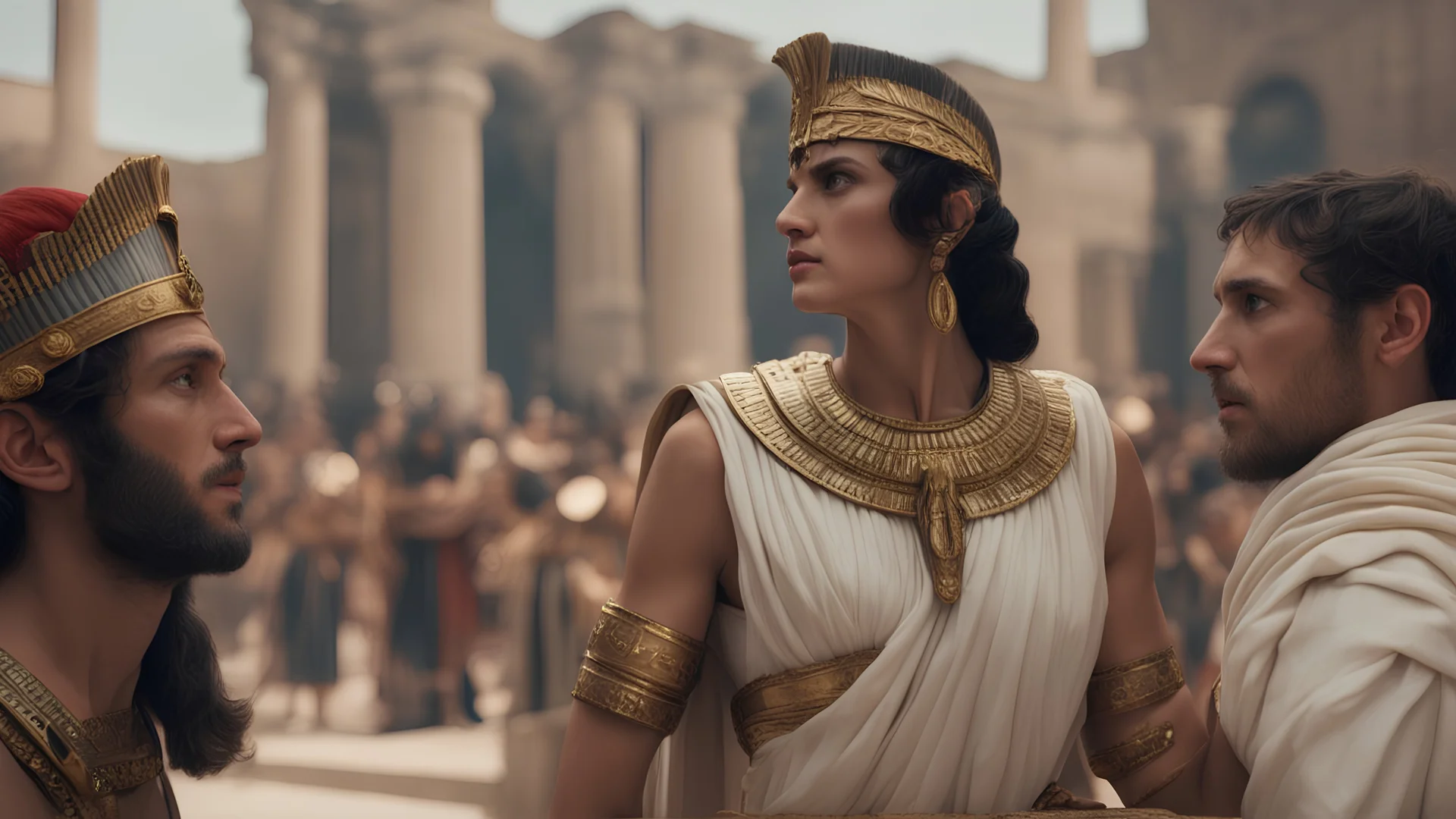 Describe the pivotal moment when Cleopatra confronts Mark Antony, attempting to persuade him to align with her cause against Octavian's forces. hyperrealistic,8k,cinematic