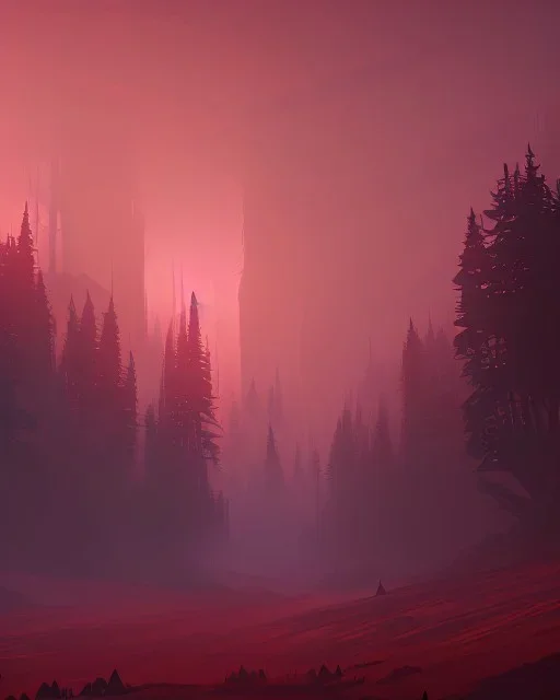 Landscape at night trees in the mist in the background, birds in the sky, red mars, forest, black, two tone colours