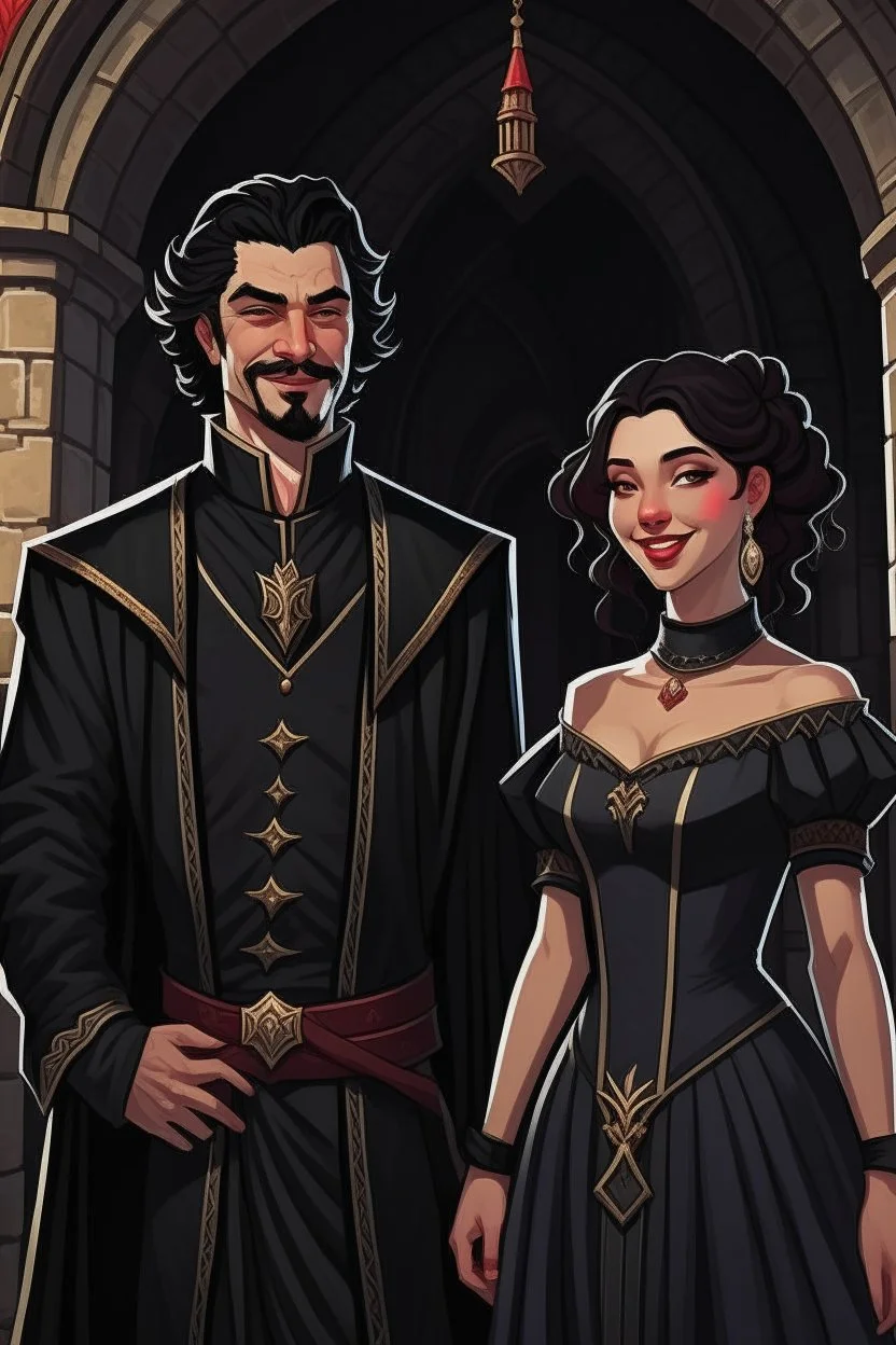 Strahd von Zarovich with a widow’s peak smiling, dressed in black and Ireena Kolyana frowning, wearing a wedding dress standing outside Castle Ravenloft in the illustrated style of dungeons and dragons