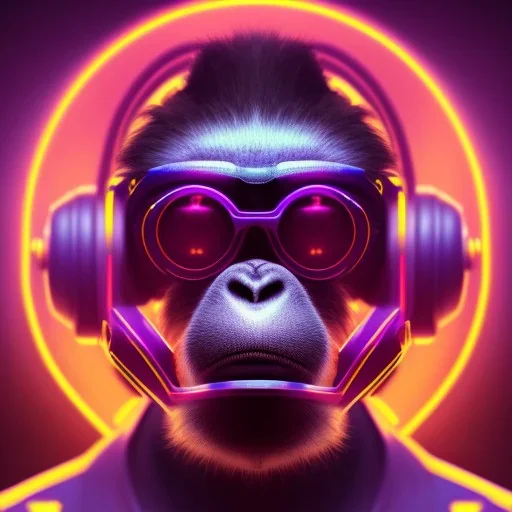 A beautiful portrait of a cyborg monkey purple neon color scheme, high key lighting, volumetric light high details psychedelic background