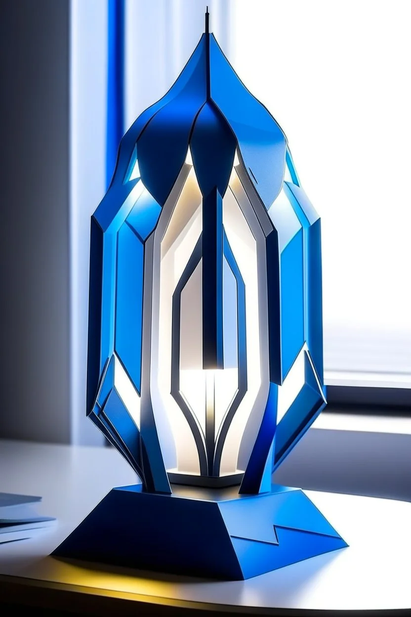 gaming table lamp inspired by dubai tower buliding architecture futuristic-modern stlye. geometric form, blue and white color scheme