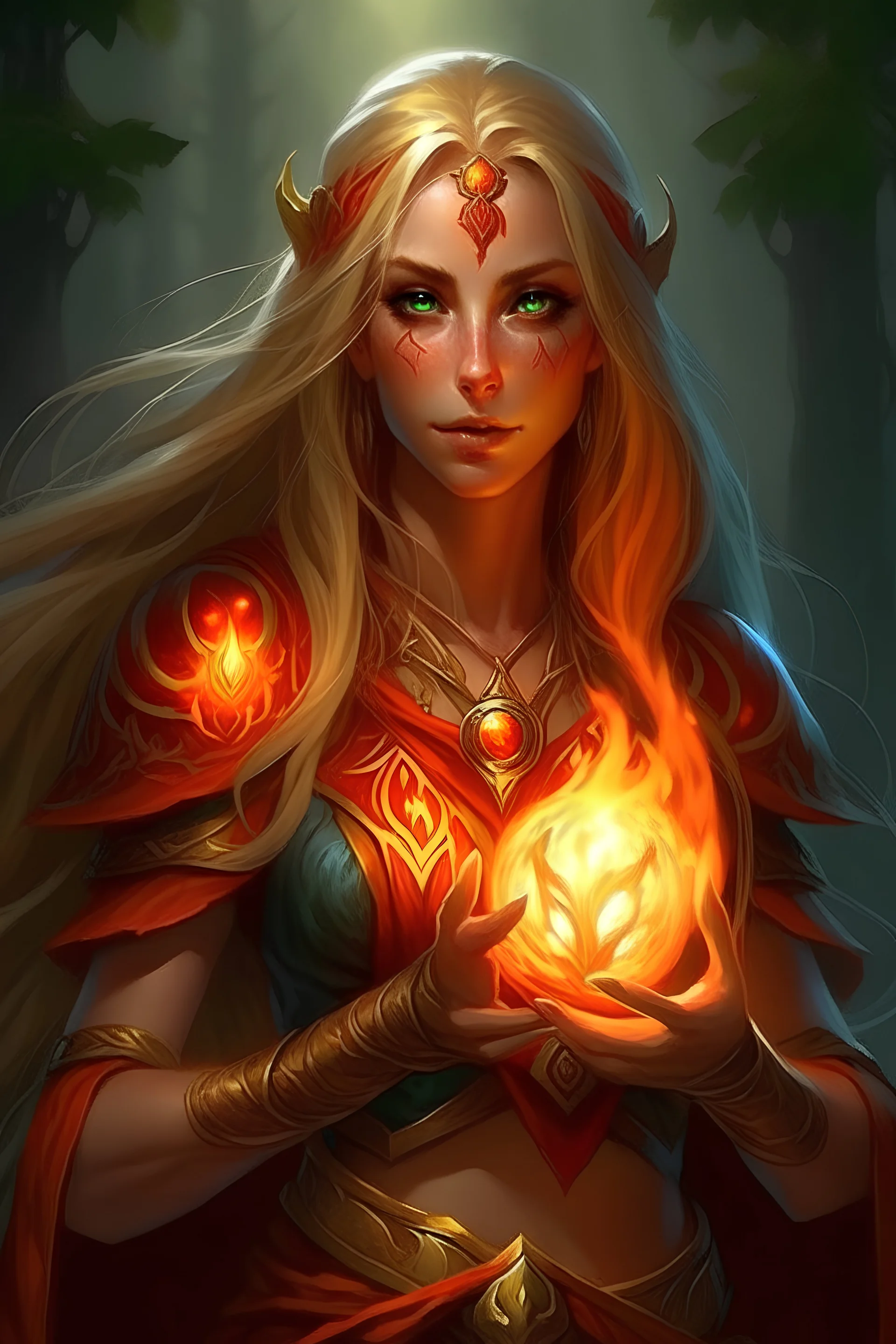 Female eladrin druid with fire abilities. long light hair made from fire. Tanned skin. Big red eyes with touch of fire .