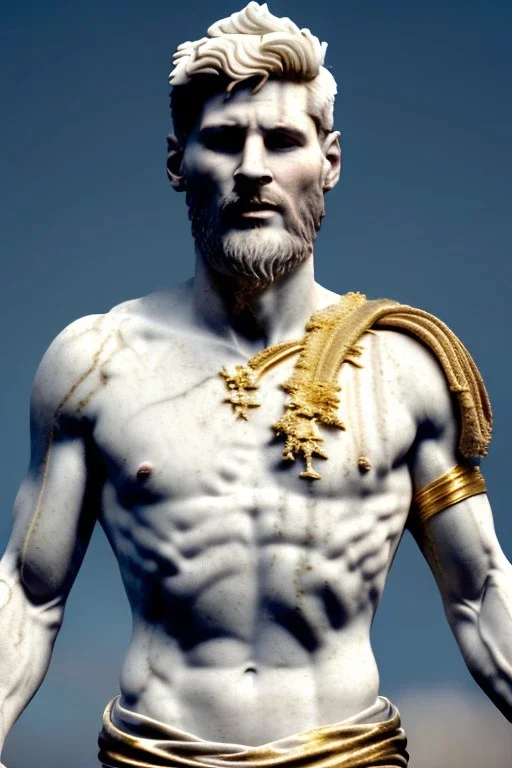 Realistic image, Roman sculpture made in white marble with gold veins, Lionel messi with gold halo crown, two blue brushes, decorative star on the chest, waist up portrait, marble material, gold ornaments, Baroque style, sun rays background, epic, celestial, cinematic lighting, God lights, 4k resolution, smooth details, soft lighting, unreal engine 5, art station, substance 3d.