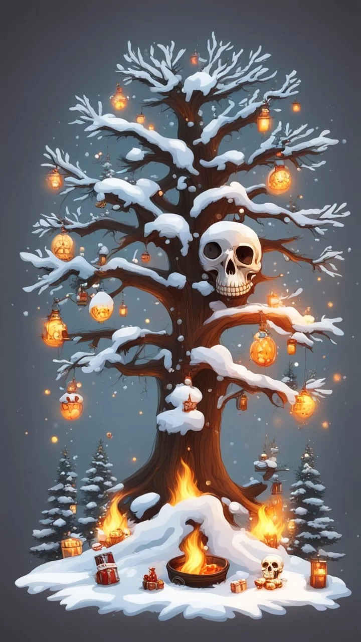 tree with snow , Merry-x-mas decoration, tree, cartoon, Undertaker, fire and smog, Skull