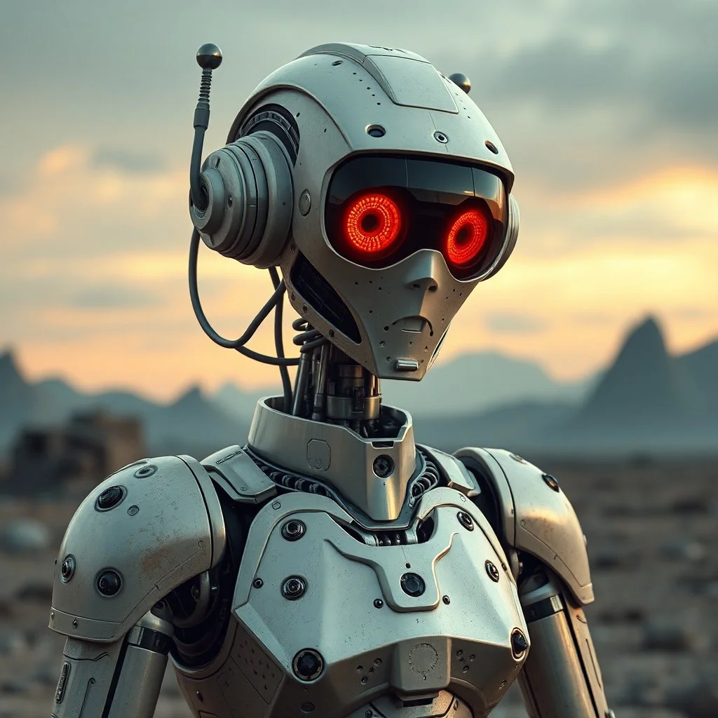 librarian robot, futuristic, post-apocalypse