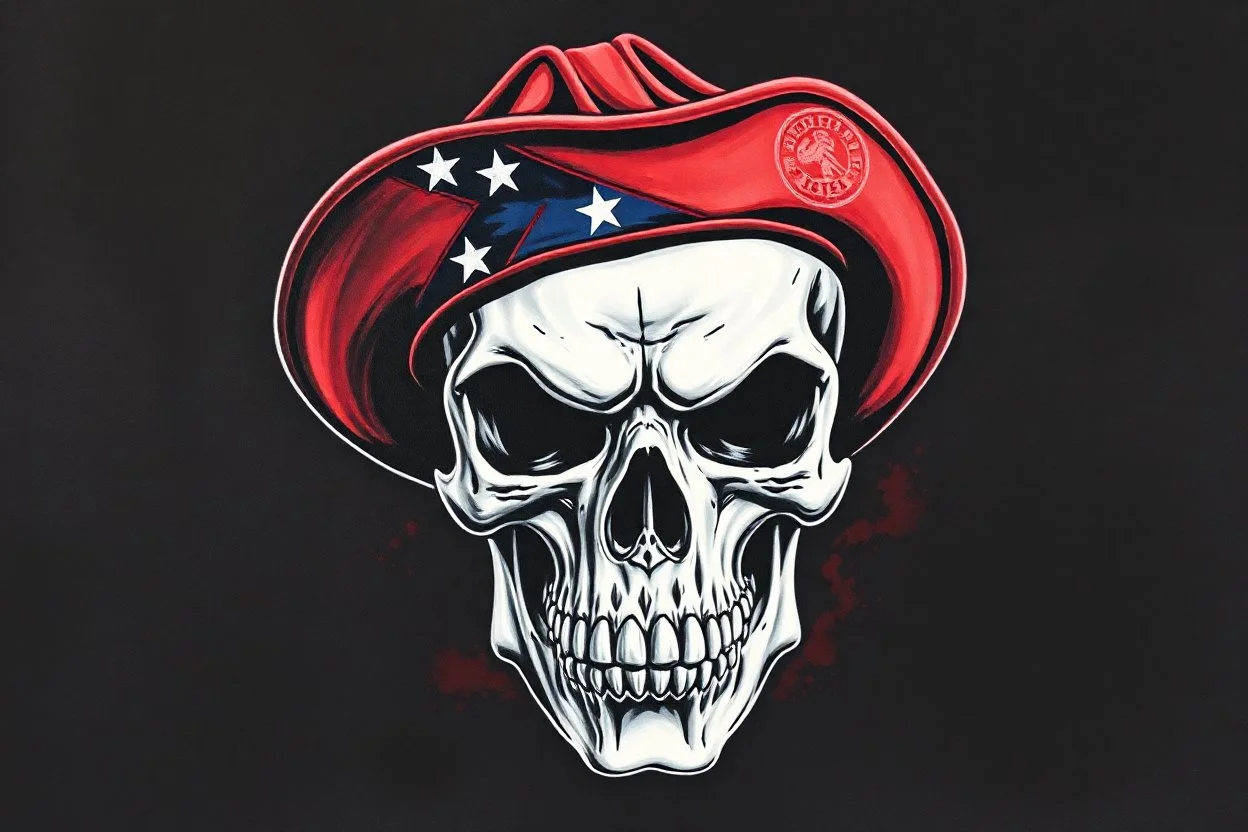 front facing skull (angry, wearing a confederate hat), airbrush