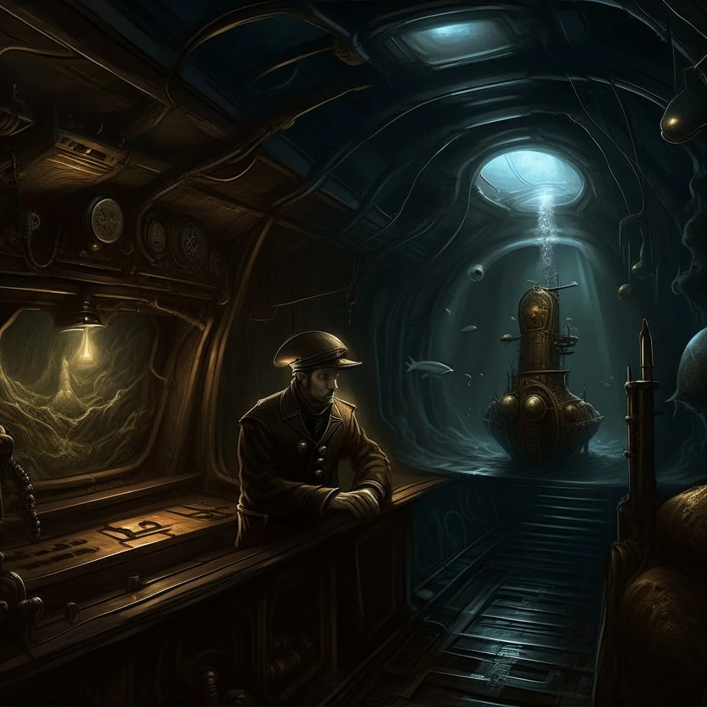 Man controls inside a dark submarine in a delusional state haunted by ghostly images, paint it in the baroque style, as if the man is horrified