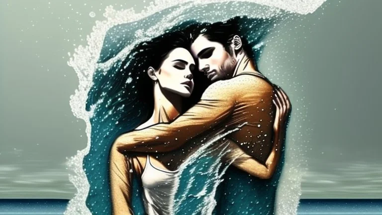 Two clothed bodies hugging each other with their bodies like water, fusing and imploding