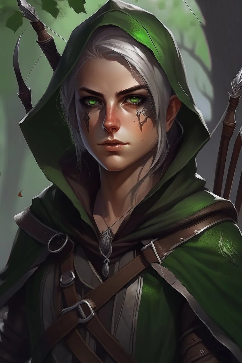 Portrait of gender neutral rogue elf, thief assassin, mauve hair, bright green eyes, brown skin, black hood, black leather armor, messy, disheveled, trees, sneaky, bow and arrows