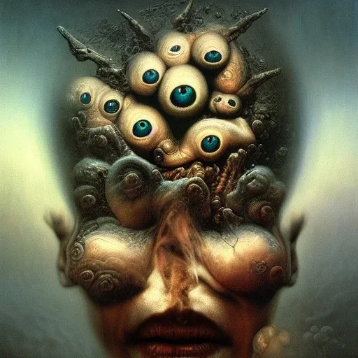 multiple eyes, surrealism, high-quality, fine-detail, intricate, ornate, zdzislaw beksinski, george grie, ben goossens, igor morski, 8k resolution, digital art, volumetric lighting, hands, face, reflection, the future, sharp and crisp,