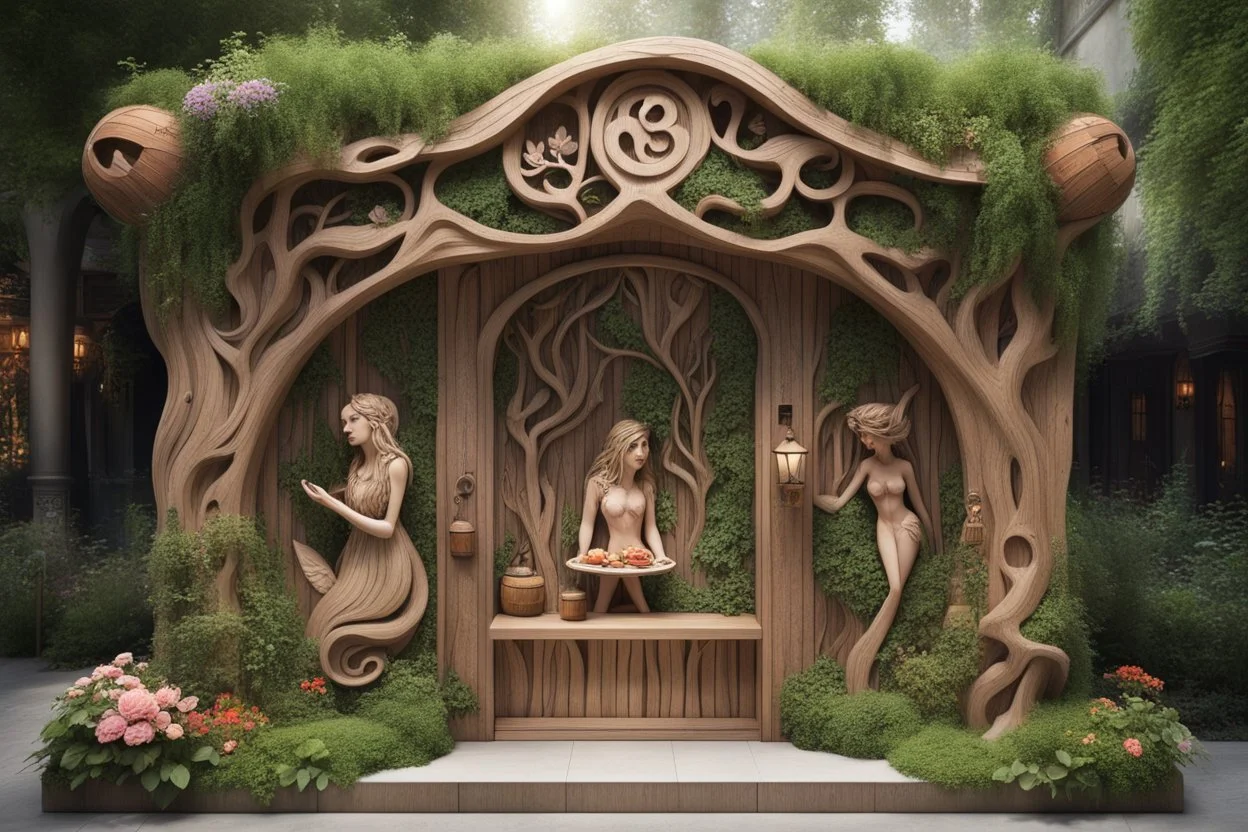 Декор и оформление: На фасаде можно разместить резные деревянные панели с изображениями сказочных персонажей: Бабы Яги, Лешего, Русалок и других. Используйте элементы флоры: плетёные лозы, деревянные бочки с цветами, кусты и деревья, чтобы создать ощущение, что кафе находится в самом центре леса. Ландшафтный дизайн: Вокруг кафе можно создать сказочный сад с аллеями, выложенными камнями, и фонтанами, где будут плавать уточки. Добавьте скамейки и столики из натурального дерева, окружённые цветам