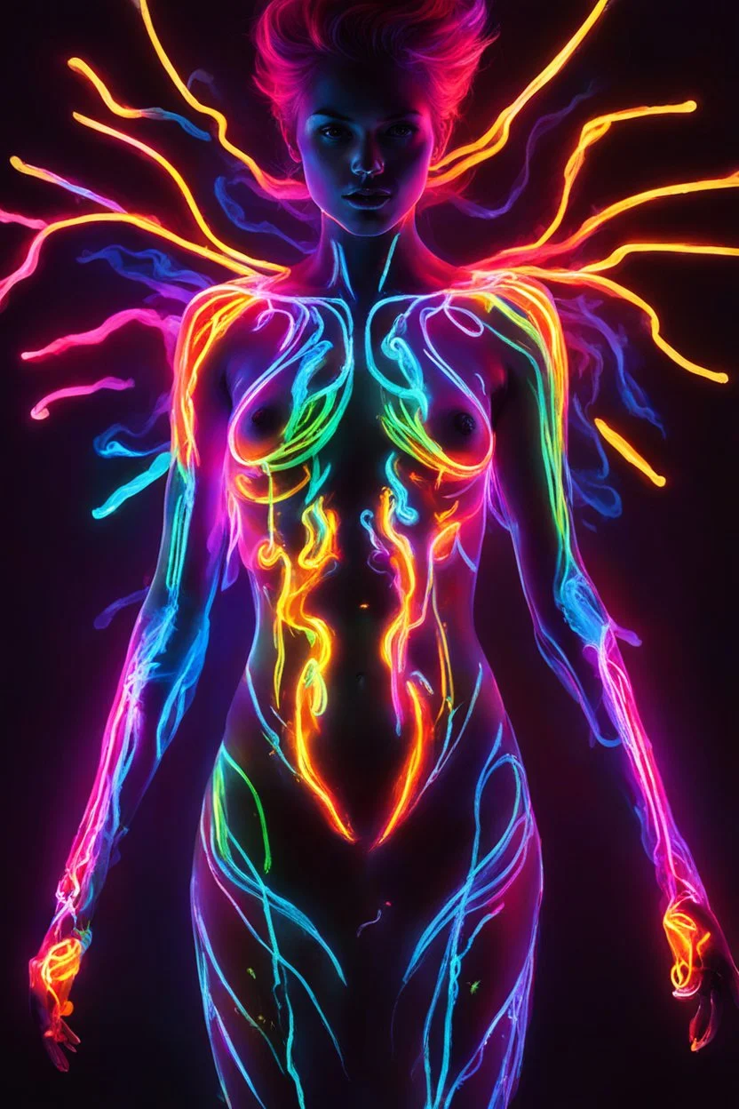 Body paiting neons glowing light in the dark and colorful details