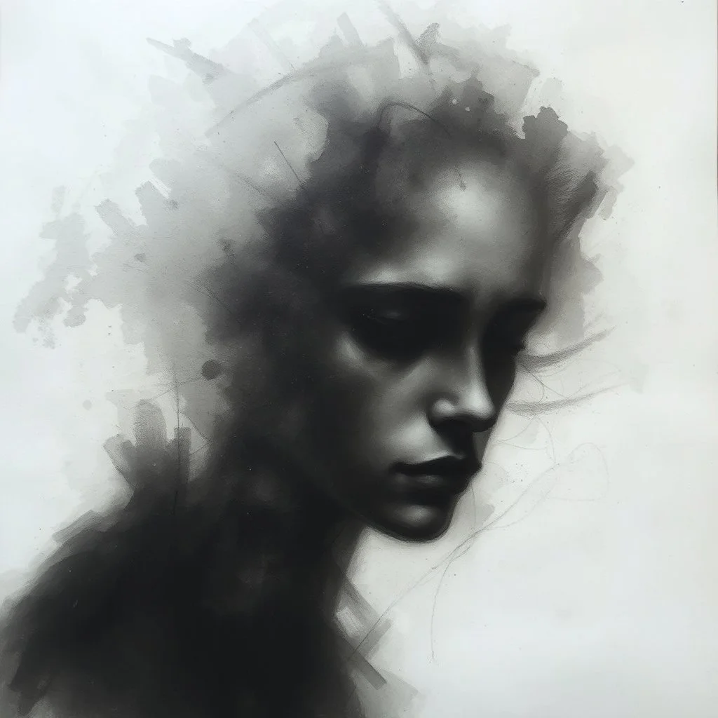 A hauntingly beautiful abstract portrait of a human face emerging from soft charcoal strokes. The figure is partially obscured with blurred, smudged textures, creating an ethereal and ghostly effect. The face conveys subtle sadness and mystery, with deep shadows and faint highlights giving it a timeless ...