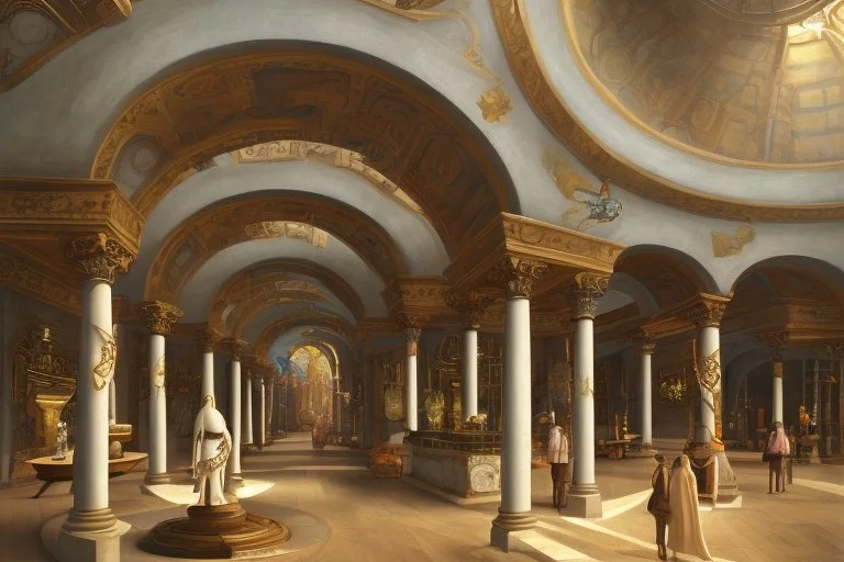 a round plaza, a Roman arcade with arches curved around it, by artist "Leonora Carrington"