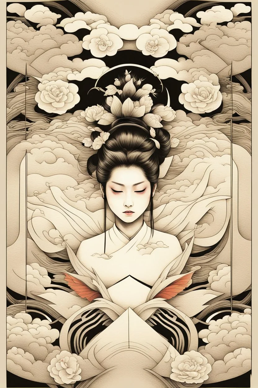Create a captivating modern 2d Japanese tattoo design for print , using the elegant influences of japan art style, for print, dynamic elements from fashion and design, and bold Japanese art aesthetics, framing centered in the center, distanced from the edges of the paper perimeter, perfect anatomy, bauhaus, Divine Proportion,