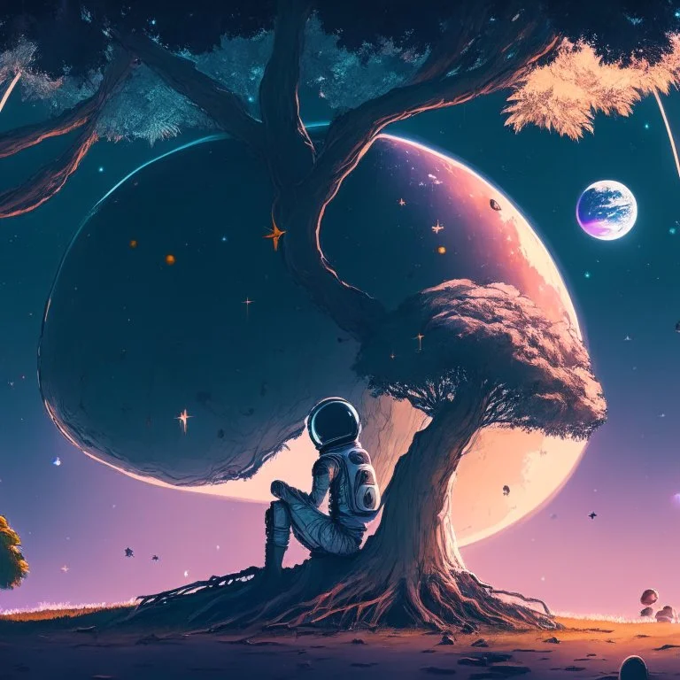 A lonely astronaut sits under the shade of an old tree on the edge of a planet. He looks at a beautiful galaxy. And he is thinking while waiting for his love. The sky is full of space balloons.4k, high resolution. full detail. digital art, anime.