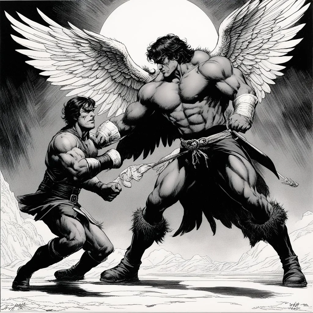 [comic book art by Sam Keith and Bernie Wrightson] Jacob wrestling with angel
