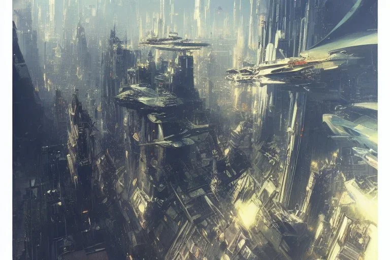 Art by John Berkey and John Harris, futuristic city, high rise, smooth, sharp focus, higly detailed, digital painting, concept art, elegant, centered, Taris Star Wars, connected