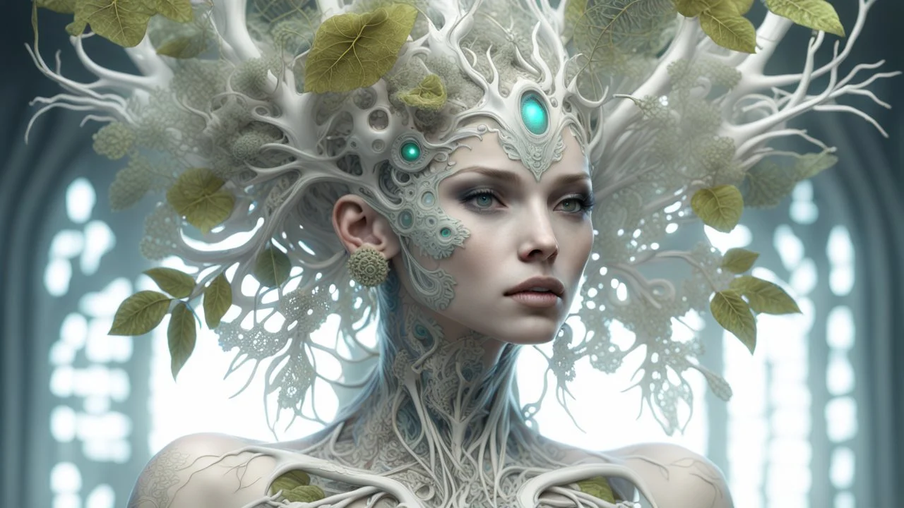 3D render ultra detailed of a beauty white glossy, swoman DRYAD, from knee to head, biomechanical cyborg, analog, 35 mm lens, beautiful natural soft rim light, big leaves and stems, roots, fine foliage lace, colorful details, samourai, earring, heavely tattoed, intricate details, mesh wire, mandelbrot fractal, facial muscles, cable wires, microchip, badass, hyper realistic, ultra detailed, octane render, volumetric lighting, 8k post-production, red and white, detailled metalic bones, semi human