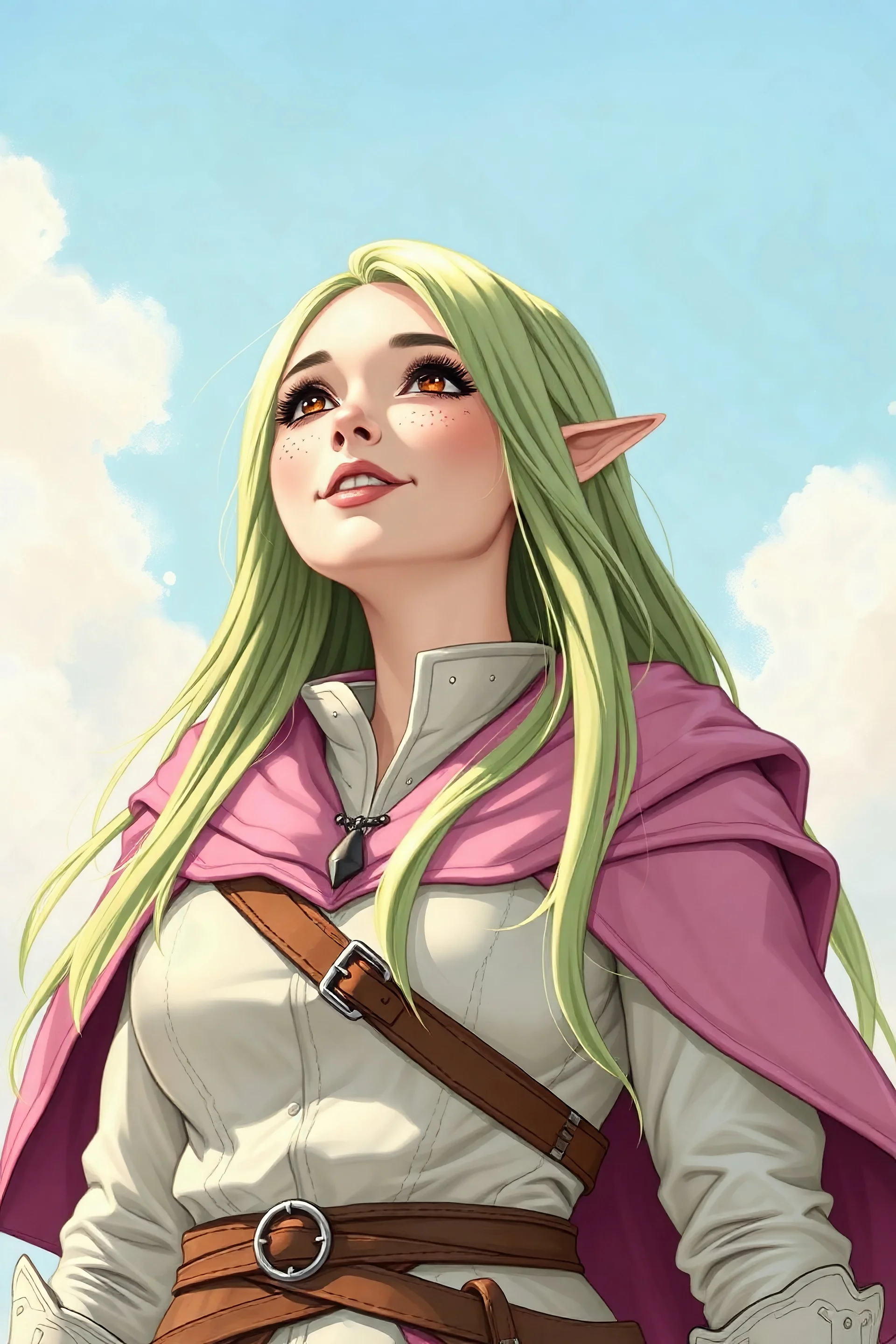 Springtime eladrin healer with long light green hair, deep brown eyes, pink freckles, and light skin. Female adult wearing white noble leather with a pink cape. She's happy and looking gently upwards into soft sunlight. Sky background. 2D dungeons and dragons matte hand-drawn style epic Comic style