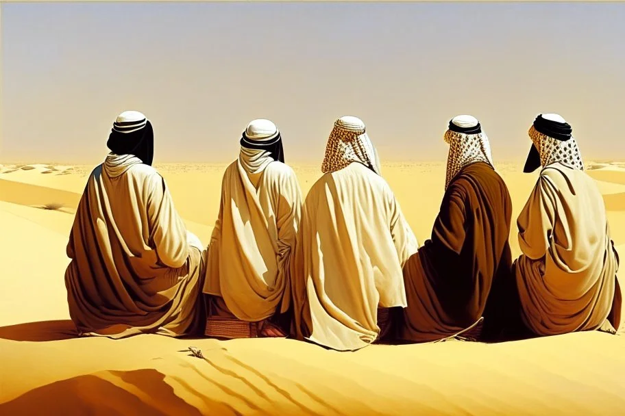 Four Arab sheikhs sitting in the desert wearing typical Arab dress, looking towards the four cardinal points. A talll fat european man in business suit wathhing them while thinking.