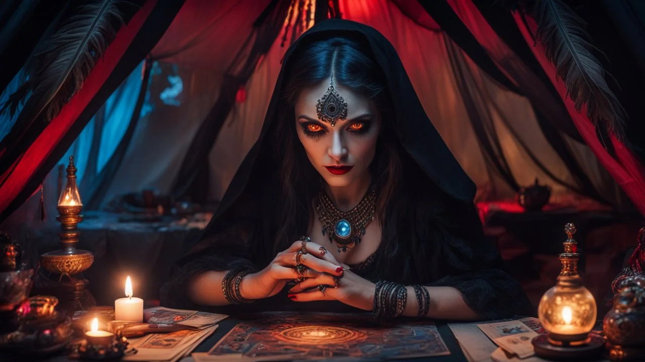 Hyper Realistic photographic-view of Wicked-&-Beautiful-Fortune-teller-with-glowing-red-eyes wearing black-beed-necklace-&-bracelet angrily Looking at her crystal-ball glowing magically & sitting in her tent at dark-night decorated with fancy-traditional-feathers-&-tarot-cards showing dramatic & cinematic ambiance"