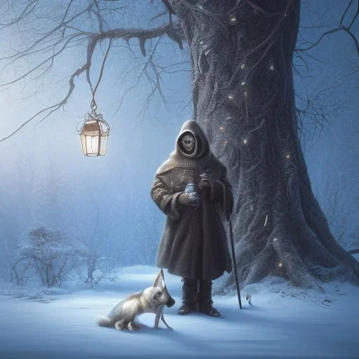 dark, robed figure stands behind a sad, abandoned, dog chained to a tree, family house in background, winter, loneliness, 8k resolution, high-quality, fine-detail, iridescent, intricate, digital art, detailed matte, volumetric lighting, illustration, 3D octane render, brian froud, howard lyon, selina french, anna dittmann, annie stokes, lisa parker, greg rutowski