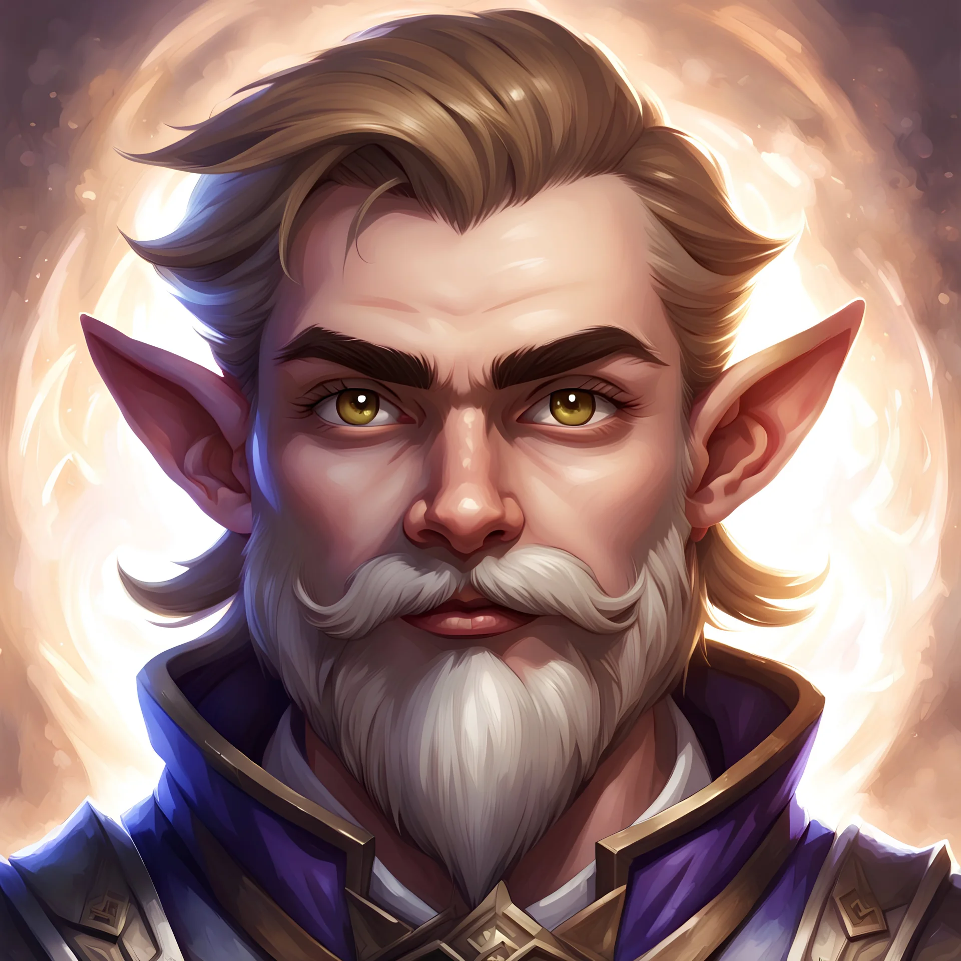 Generate a dungeons and dragons character portrait of the face of a male cleric of twilight handsome rock gnome blessed by the goddess Selune. He hasvery light brown hair, eyebrows, moustache and goatee. He's 19 years old.