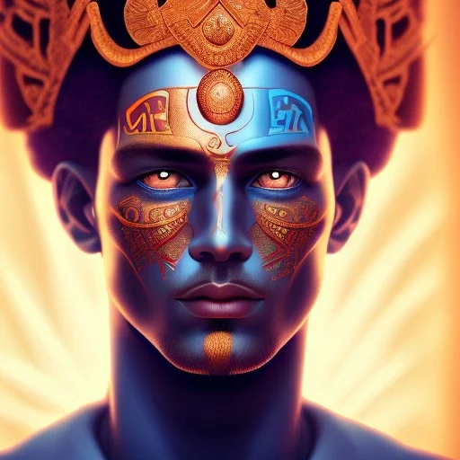 3D close-up of a king Ramses, high contrast, glowing backlighting, blue and red backlighting, vibrant hair, dark brown eyes, sharp focus, face painting, background blur.