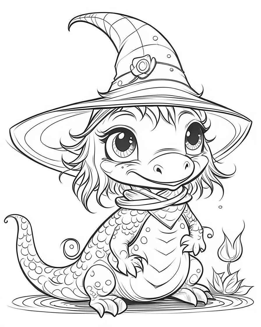 coloring pages for kids, semi-cartoon motif of a little dragon character, witch hat, white background, anime, illustration, dark fantasy, painting, cartoon style, thick lines, low detail, black and white, no shading, --ar 85:110
