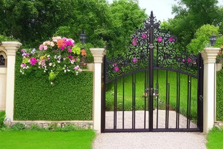 intricate ornate gate, garden, path, flowers