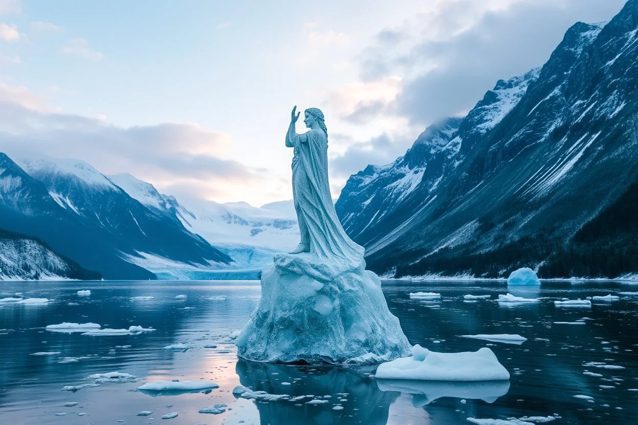 in a frozen sea with pretty mountains a full lady statue of transparrent ice