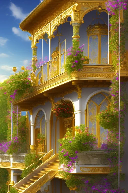 A animation image of a beautiful castle, a balcony with king, queen and a fat cat