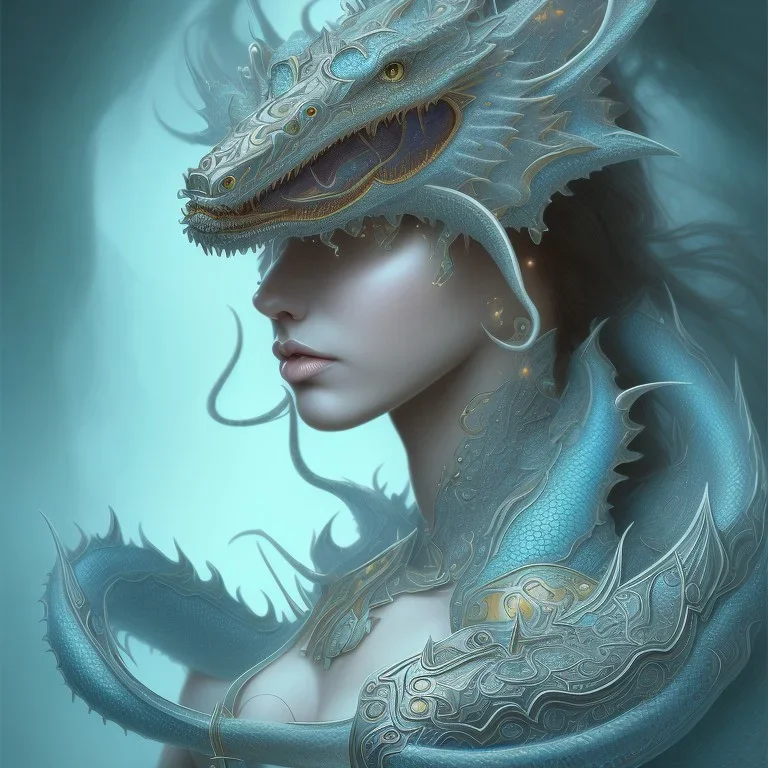 sango fantasy, fantasy magic, intricate, sharp focus, illustration, highly detailed, digital painting, concept art, matte, artgerm and paul lewin and kehinde wiley, masterpiece silver dragon head blue African nice breast Afo woman turquoise waves