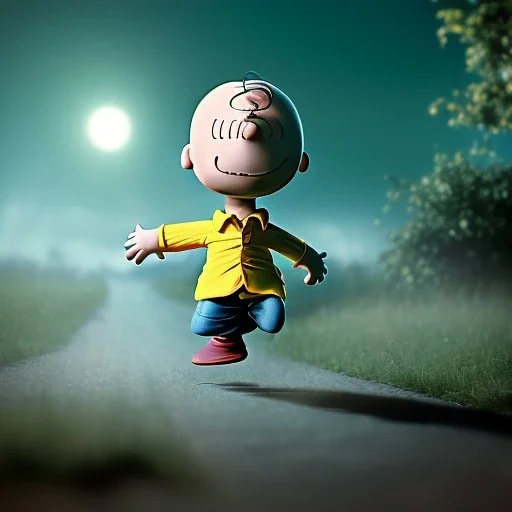 Scared Charlie brown running away from an alien spaceship