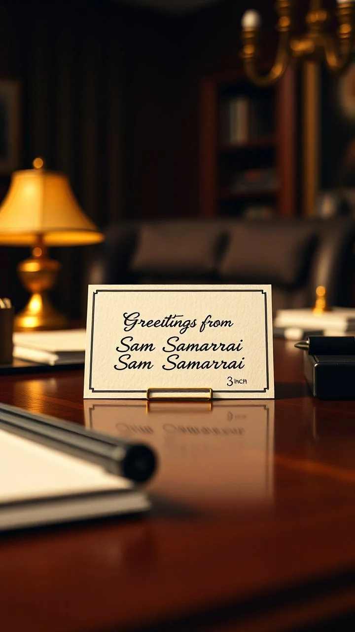 a highly detailed, surreal, and 3 inches in size, written on it “ Greetings from Sam Samarrrai ” placed centrally on a clutter-free, mahogany office desk, surrounded by subtle, warm, golden lighting, evoking a sense of mystery and intrigue, with a shallow depth of field, emphasizing the card's subtle texture and clean edges, featuring a subtle film grain, reminiscent of 35mm cinematography, with a color palette dominated by whites, creams, and rich wood tones, and a