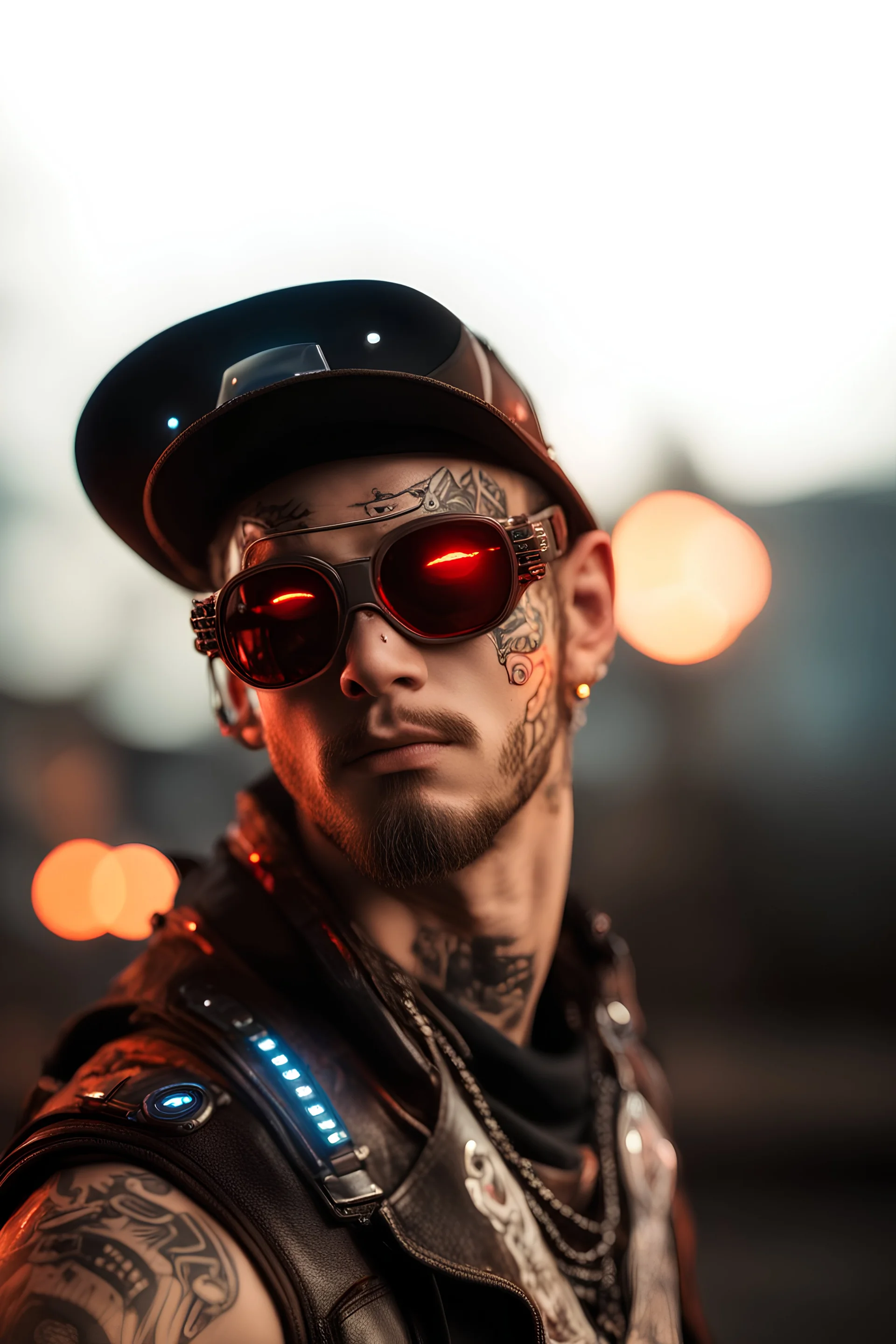a cyberpunk RED character, class Rocker, with silver reflective sunglasses and tattoos with lights. futuristic with full cyer tech clothes, with led lights. wearing a cowboy hat. wearing a rocker vest full of patches and led lights