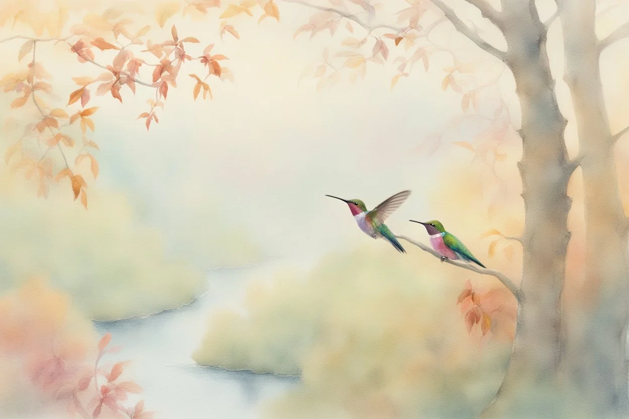 closeup, a colorful hummingbird family perched in the canopy, the siblings eating (opened mouth, the mother feeding them), twilight, looking down on the river through the canopy of a tree, on a misty twilight. over a misty pond in the hieght of fall. Watercolour by Alison Brady. Pastel colours S<AI in sunshine, ethereal, otherwordly, cinematic postprocessing